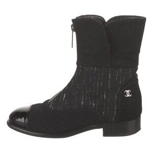 Chanel Black Tweed CC Logo Cap Toe Combat Boots